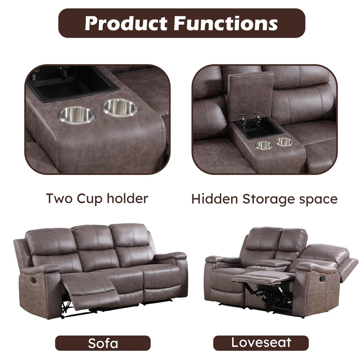 CANMOV Faux Leather Manual Reclining Sofa Furniture Set, Manual Recliner Chair, Manual Loveseat and 3 Seat Recliner Sofa Couch Set for Living Room,Grey CANMOV