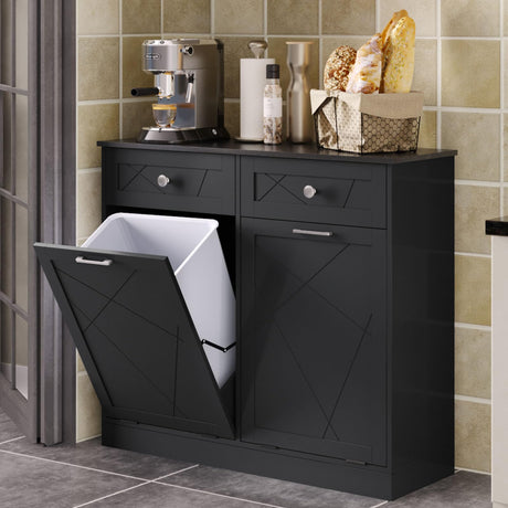 Trash Cabinet Double Tit Out Trash Bin, Dog Proof Hideaway Tilt Out Double Trash Can Holder with Two Drawers, Free Standing Recycling Cabinet for Kitchen Living Room White Double Door Black Halitaa