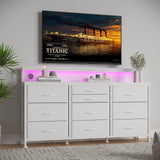 WODRAWER White Dresser for Bedroom with 10 Drawers, 55" W Long Dressers & Chests of Drawers with LED Lights & Power Outlets & Shelves, Fabric Dresser for Closet, Entryway WODRAWER