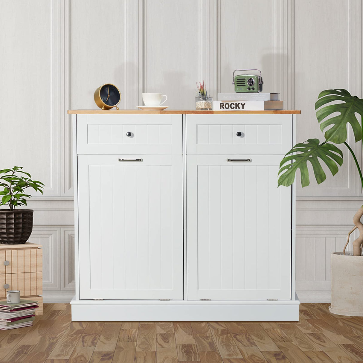 GTQuality Double Tilt Out Trash Cabinet, Dual Kitchen Trash Bin Cabinet with Hideaway Drawer, Wooden Free Standing Recycling Cabinet Garbage Can Holder Pet Proof(White) GTQuality