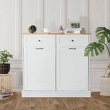 GTQuality Double Tilt Out Trash Cabinet, Dual Kitchen Trash Bin Cabinet with Hideaway Drawer, Wooden Free Standing Recycling Cabinet Garbage Can Holder Pet Proof(White) GTQuality