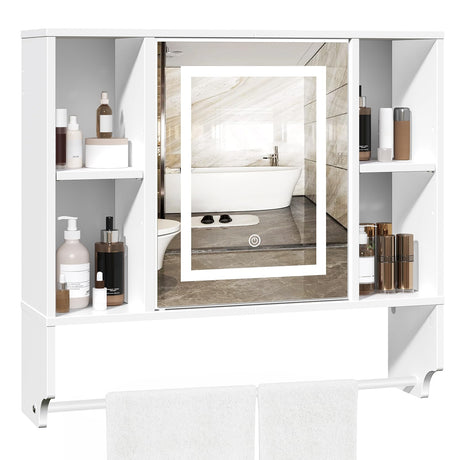 MAHANCRIS Bathroom Wall Cabinet with Mirror, Wall Mounted Medicine Cabinet with Color Adjustment LED Lights, Mirrored Over The Toilet Storage Cabinet with Adjustable Shelves, 23.6''W x 21.6''H, White MAHANCRIS