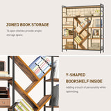 RALGEND Triple 5-Tier Bookshelf, Industrial Large Bookcase with 14 Open Display Shelves, Modern Tree Bookcase with Metal Frame and Hanging Function for Living Room, Home Office, Rustic Brown and Black RALGEND