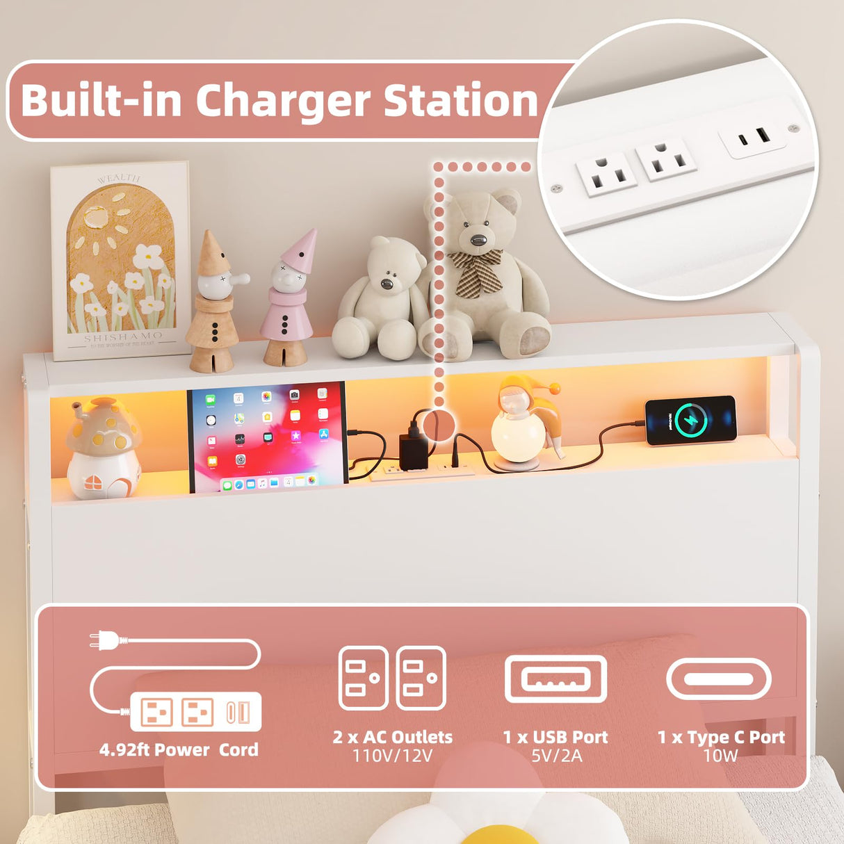 Merronix Twin Sized Headboard with 2 Tiers Storage Shelves, Sturdy and Stable Headboard with Charging Station, USB Ports and LED Light for Twin Bed Frames,White Merronix
