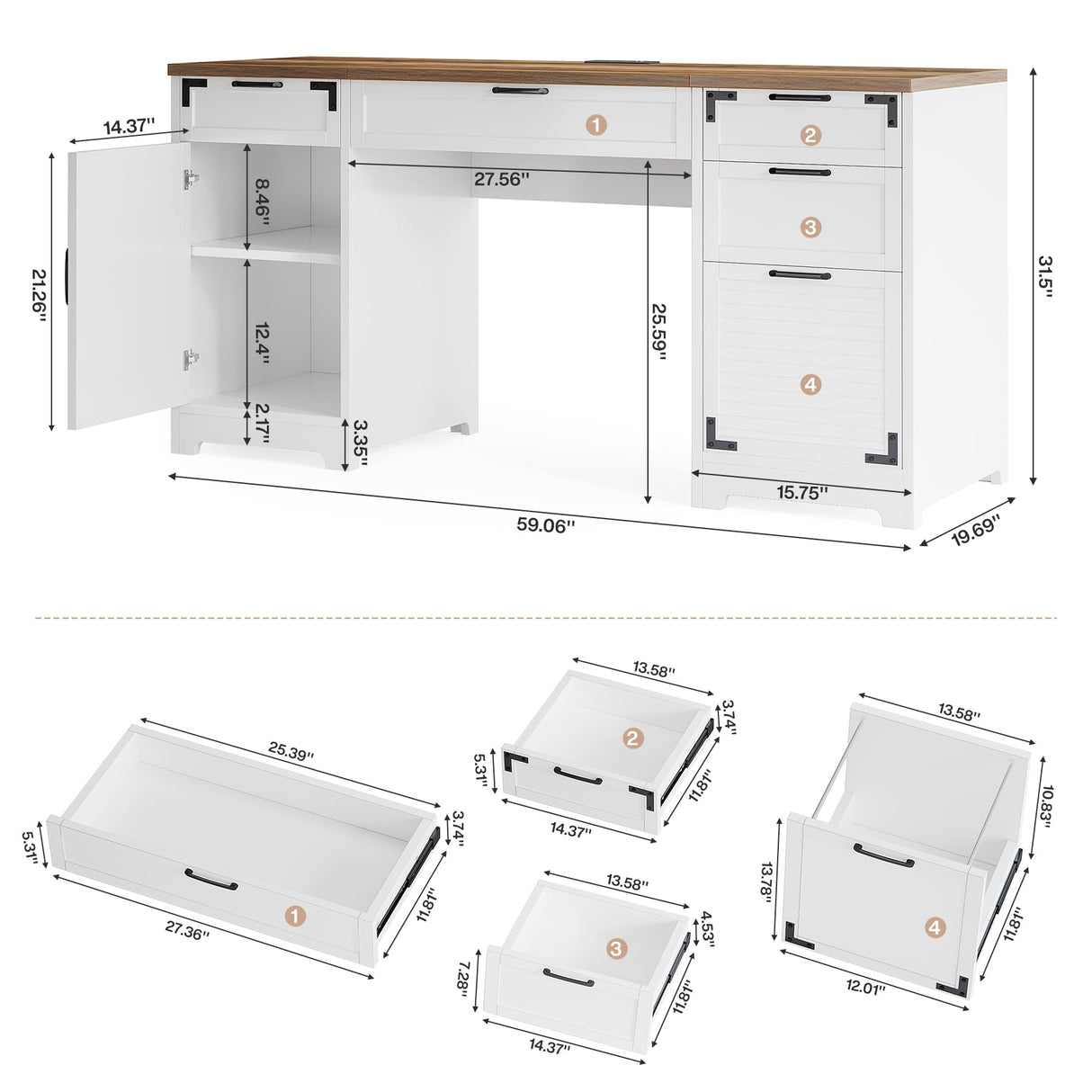 Tribesigns 59" Farmhouse Executive Desk, Computer Office Desk with File Drawers, Charging Station and Storage Cabinet, Wooden Rustic Writing Study Table for Home Office, White Tribesigns