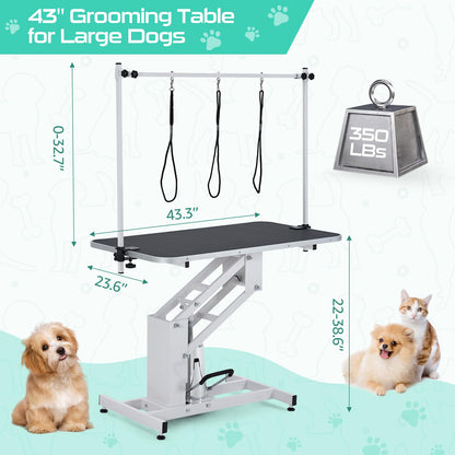 43.3" Hydraulic Dog Grooming Table for Pet, Heavy Duty Structural Hydraulic Max Load 350Lbs Professional Pet Grooming Table with Adjustable Overhead Arm & Noose Height Range 22''-39'' (WHITE)