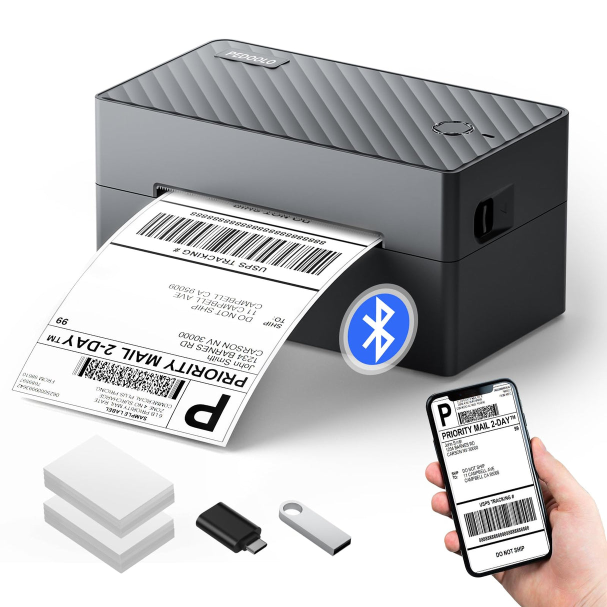 PEDOOLO Label Printer, Bluetooth Shipping Label Printer, 4x6 Thermal Printer for Shipping Packages, Compatible with Android. iPhone.Windows, Mac, Chromebook, Amazon, Ebay, UPS.USPS, FedEx, Shopify PEDOOLO