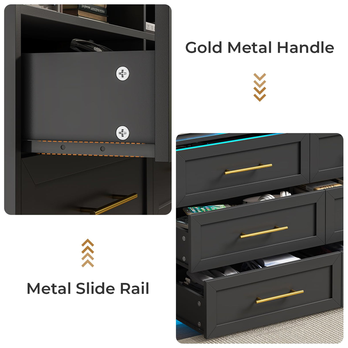 MSmask Black Dresser with LED Lights and Charging Station, Chest of 6 Drawers for Bedroom, Wood Dressers with Open Storage, Closet Organizer for Bedroom, Living Room, Entryway MSmask