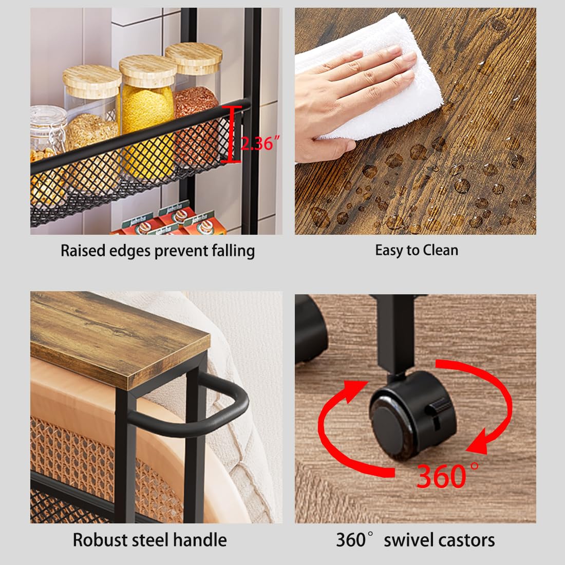 Slim Rolling Cart 4 Tier Narrow Storage Cart on Wheels with MDF Board Top and Metal Handle for Small Space Kitchen Living Room Home Office Pantry Bathroom Laundry Room(16.54×5.12×30.31 inch) AZERPIAN