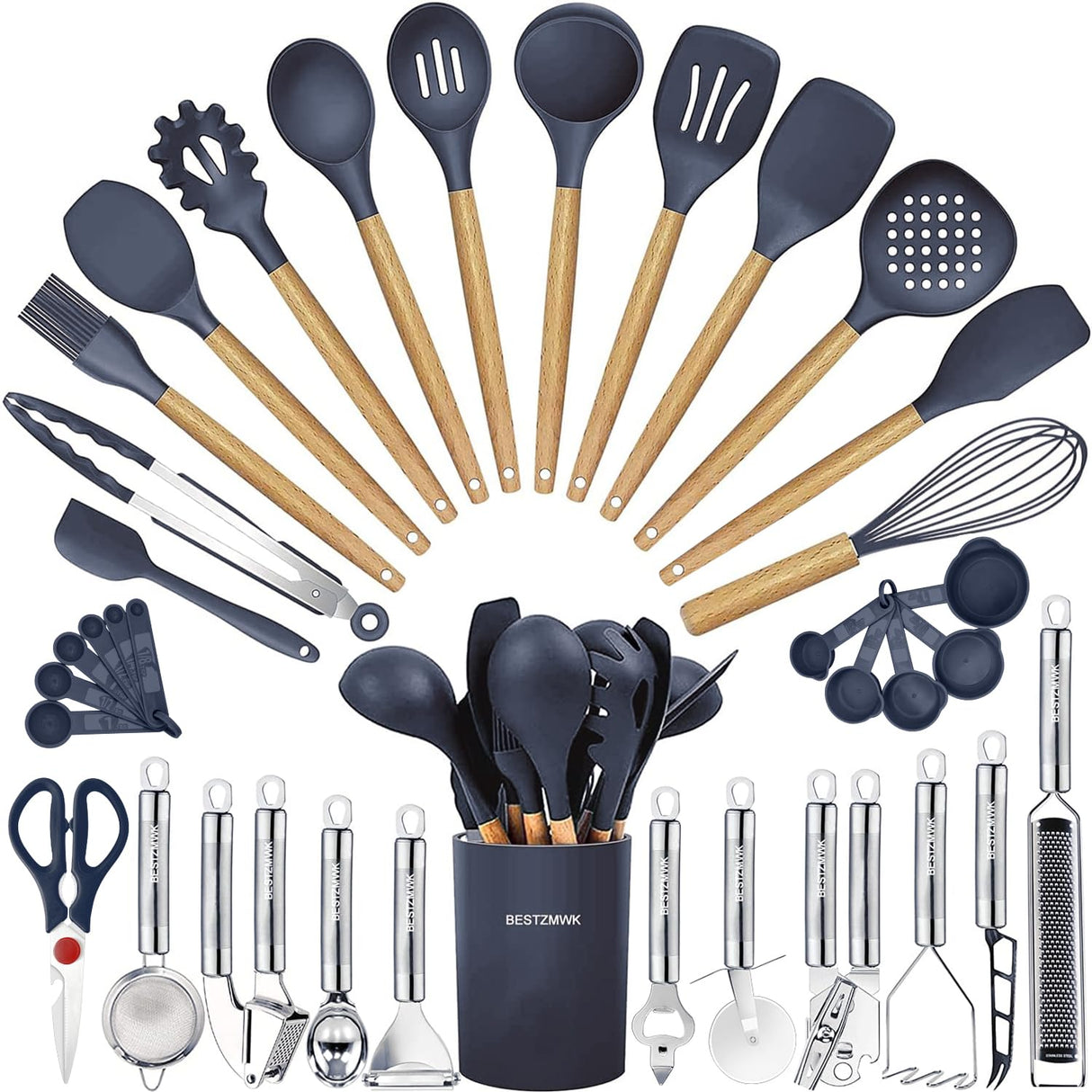 Cooking Utensils Set- 35 PCs Kitchen Utensils with Grater,Tongs, Spoon Spatula &Turner Made of Heat Resistant Food Grade Silicone and Wooden Handles Kitchen Gadgets Tools Set for Cookware BESTZMWK