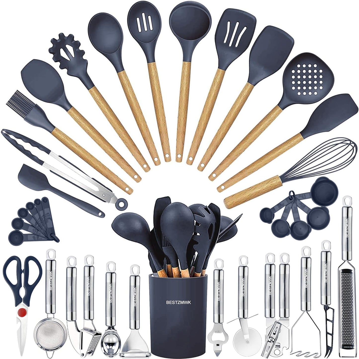 Cooking Utensils Set- 35 PCs Kitchen Utensils with Grater,Tongs, Spoon Spatula &Turner Made of Heat Resistant Food Grade Silicone and Wooden Handles Kitchen Gadgets Tools Set for Cookware