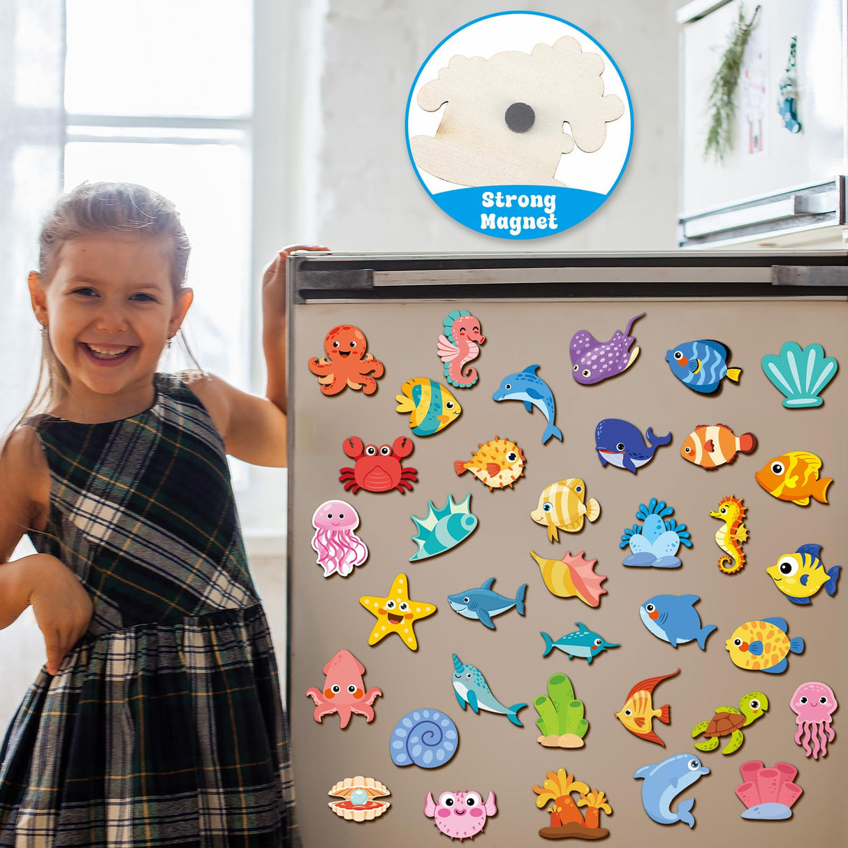 gisgfim 36Pcs Wooden Magnet Painting Craft Kit DIY Wooden Ocean Animal Magnets Coloring Arts Crafts for Kids Ages 4-8 8-12 for Birthday Party Gift Toys Sea Animal Craft Creativity Supplies Party Favor gisgfim