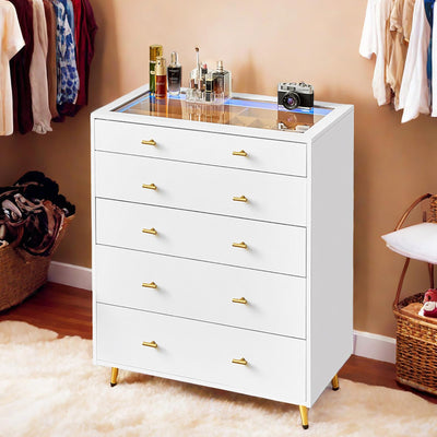 JanflyHome Wardrobe Closet Island with Drawers, Glass Tabletop & LED Lights, Jewelry Dresser Display, Wooden Closet Storage Cabinet for Bedroom Cloakroom Shops, 30.7" W x 15.7" D x 38" H, White