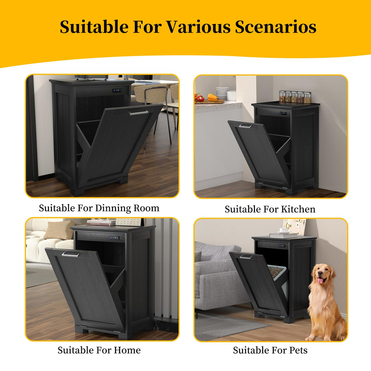 Ymise Tilt Out Trash Can Cabinet, 10 Gallons Trash Cabinet with Deodorising Function, Wooden Freestanding Garbage Can Cabinet for Home and Kitchen Hidden Laundry Hamper Cabinet, Black Ymise