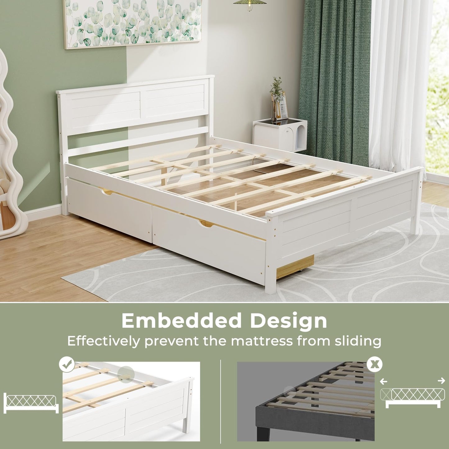 Giantex White Wood Full Size Bed Frame with 2 Storage Drawers and Headboard - WoodArtSupply