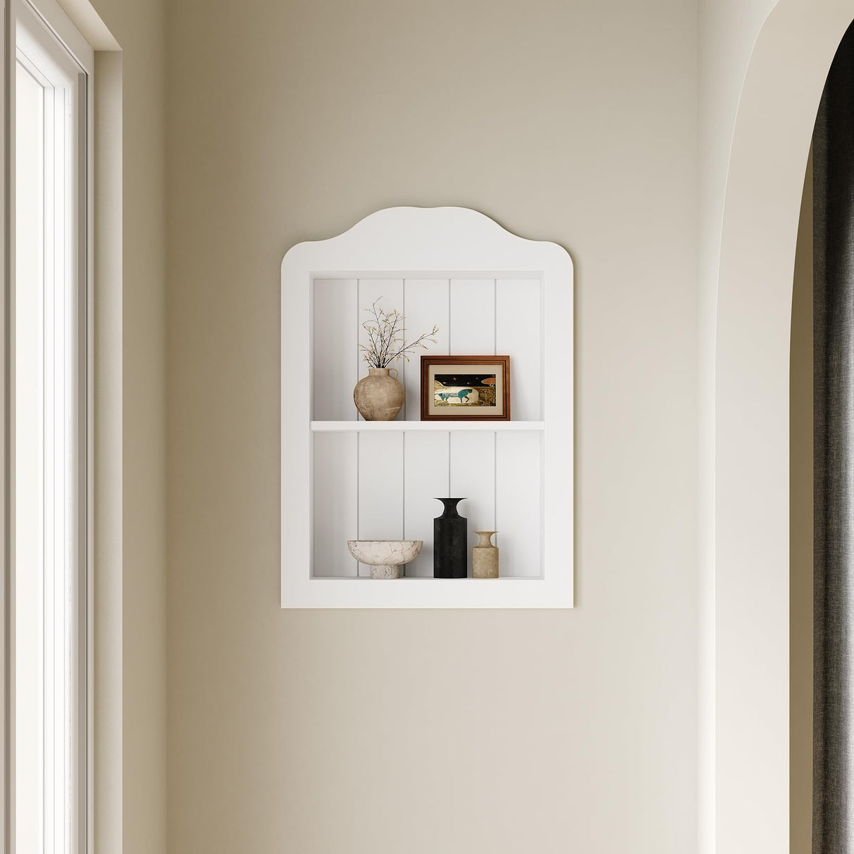 CJL 14'' x 18'' Recessed Medicine Cabinet, Solid Wood in-Wall Bathroom Cabinet, Arched Wall Niche Shelf, 2-Tier, White CJL