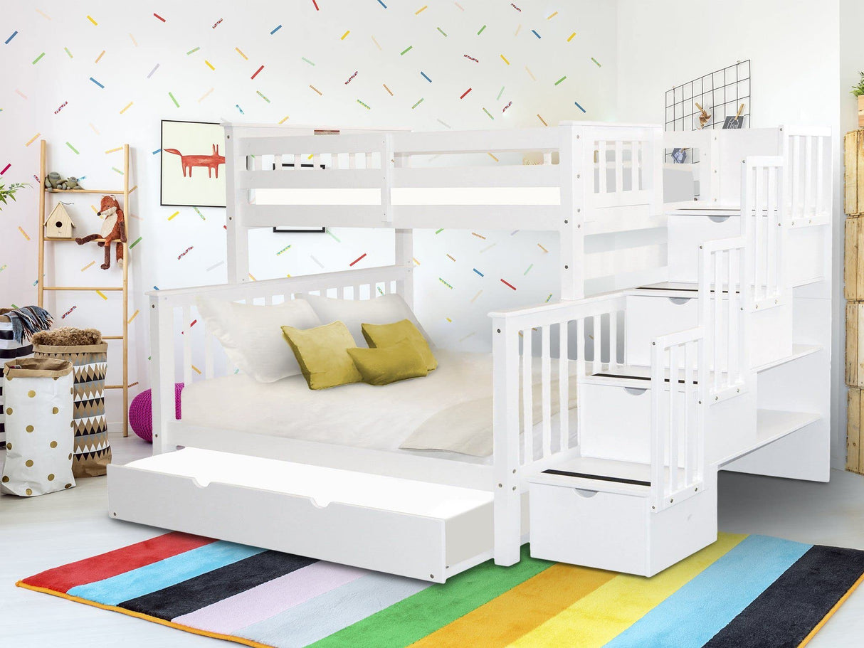 Bedz King Stairway Bunk Beds Twin over Full with 4 Drawers in the Steps and a Full Trundle, White Bedz King
