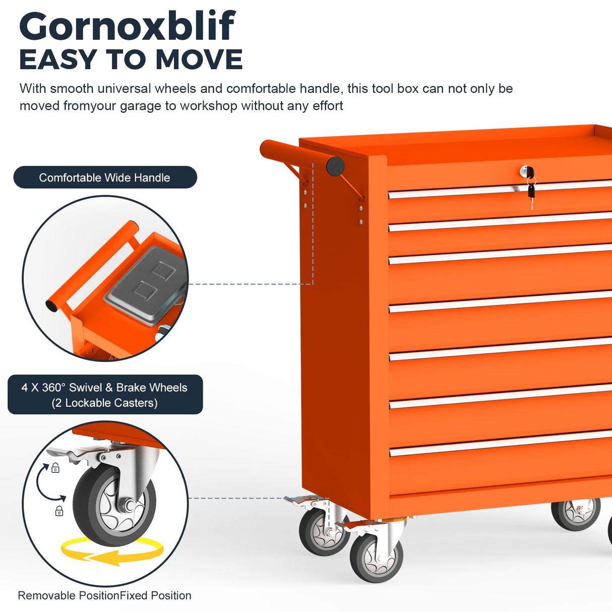 Gornoxblif 7-Drawers Orange Metal Rolling Tool Chest with Wheels,Tool Storage Cabinet with Locking System，Toolbox with Wheels for Garage, Warehouse, Workshop, Repair Shop Gornoxblif