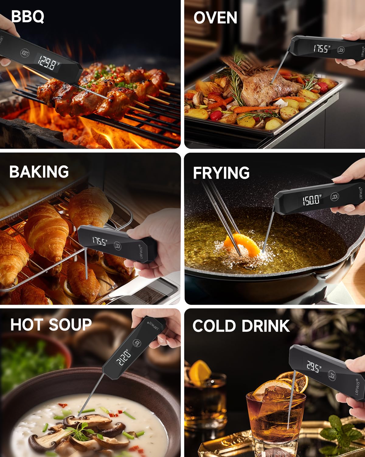 Meat Thermometer Digital 0.5 Sec Instant Read Thermometer, Accurate to ±0.5°F Ultra Fast Digital Food Thermometer for Cooking Outside Grill BBQ, 180° Auto Rotating Display, Waterproof, Auto Wake/Sleep LRFWJS