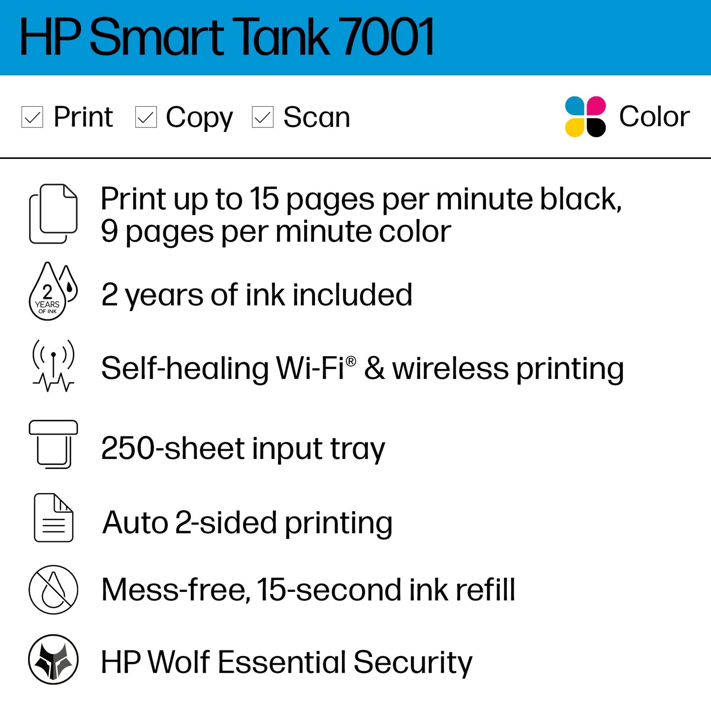 HP Smart -Tank 7001 Wireless All-in-One Cartridge-free Ink -Tank Printer, up to 2 years of ink included, mobile print, scan, copy (28B49A)