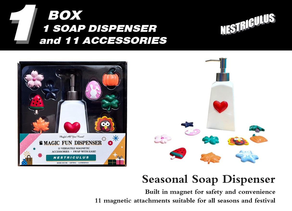 Nestriculus Seasonal Soap Dispenser with 11 Interchangeable Magnets - Seasonal Decor - Farmhouse Bathroom Kitchen Decor (Resin,Built in Magnet) - 8.82oz (Silver) Nestriculus