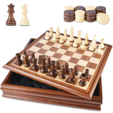 VAMSLOVE Chess and Checkers Board Game Sets for Adults Wooden Deluxe 15 inch Wood Board Box with Storage, Classic 2 in 1 Large Size with Chess Pieces - 3” King Height - 2 Extra Queens Vamslove