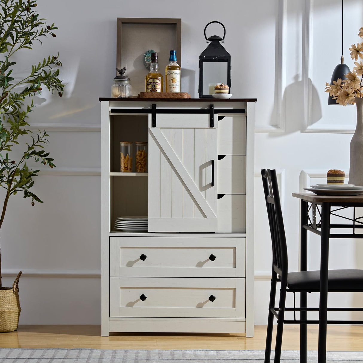 BOSHIRO White Dresser for Bedroom with 5 Drawers, 48" Tall Dresser w/Sliding Barn Door, Farmhouse Dresser 5 Chest of Drawers for Bedroom, Hallway, Living Room, Dining Room, Antique White BOSHIRO