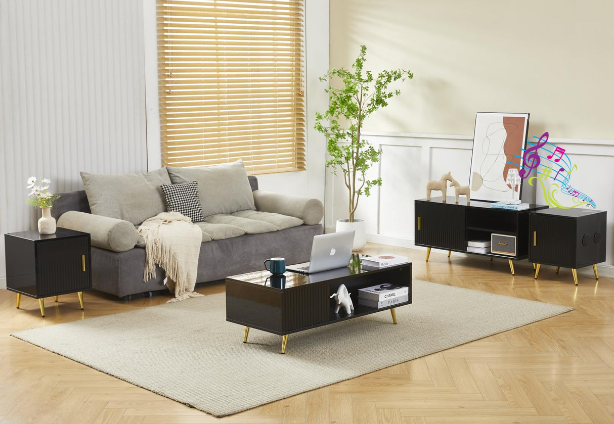 COSVALVE 41.3IN LED Black Coffee Tables for Living Room with 16 Colors LED Lights, Modern Minimalist Coffee Table with Fluted Panel, Rectangle Center Table Game Table COSVALVE