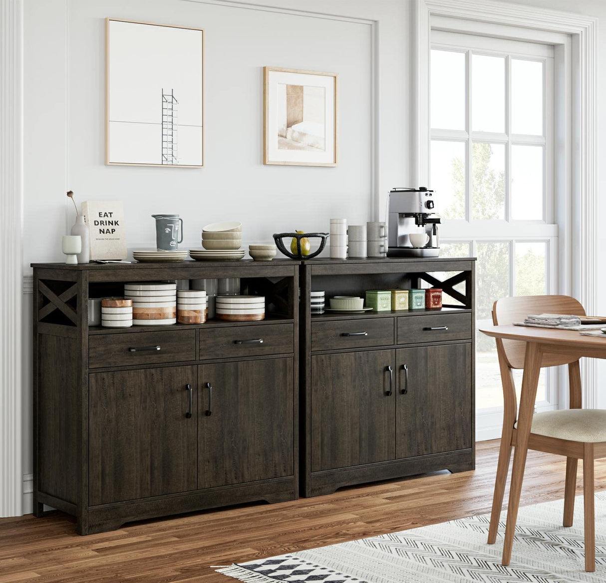 HOSTACK Modern Farmhouse Buffet Sideboard, Kitchen Storage Cabinet with Shelves and Doors, Wood Buffet Cabinet with Drawers, Coffee Bar, Floor Cabinet Cupboard for Living Room, Dark Brown HOSTACK