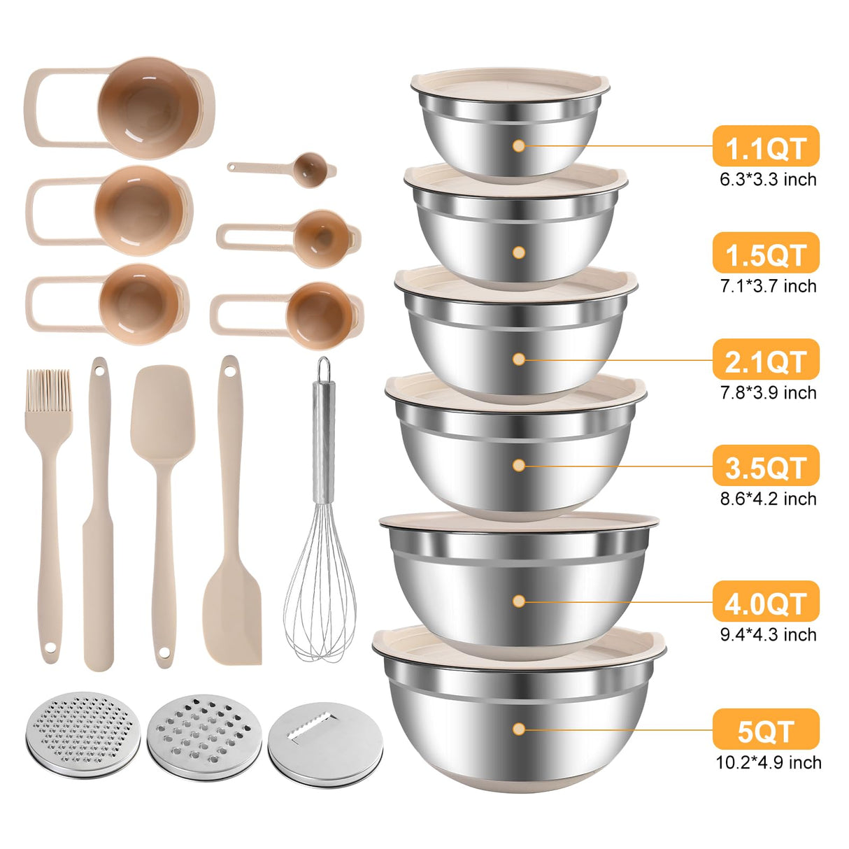 Mixing Bowls with Airtight Lids Set, 20 PCS Kitchen Gadgets Set, 6 Stainless Steel Bowls, 3 Grater Attachments, Non-Slip Silicone Bottoms, Great for Serving&Baking, Size 5, 4, 3.5, 2.1, 1.5, 1.1QT ENVTEK