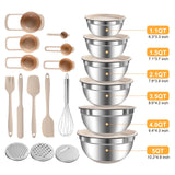 Mixing Bowls with Airtight Lids Set, 20 PCS Kitchen Gadgets Set, 6 Stainless Steel Bowls, 3 Grater Attachments, Non-Slip Silicone Bottoms, Great for Serving&Baking, Size 5, 4, 3.5, 2.1, 1.5, 1.1QT ENVTEK