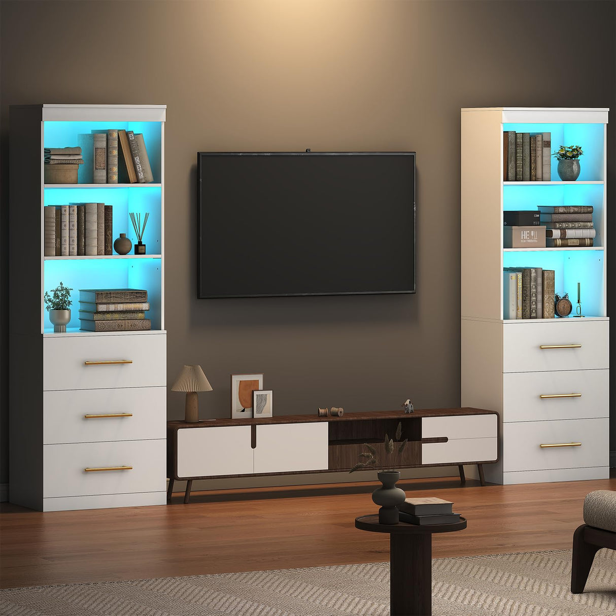 Winkalon 71“H White Bookshelf with LED Light, Bookcase and Bookshelf with Drawers, Tall Bookcase Tall Storage Cabinet 3-Tier Open Shelves for Home Office Living Room Bedroom, 15.8"D x 23.6"W x 70.9"H Winkalon