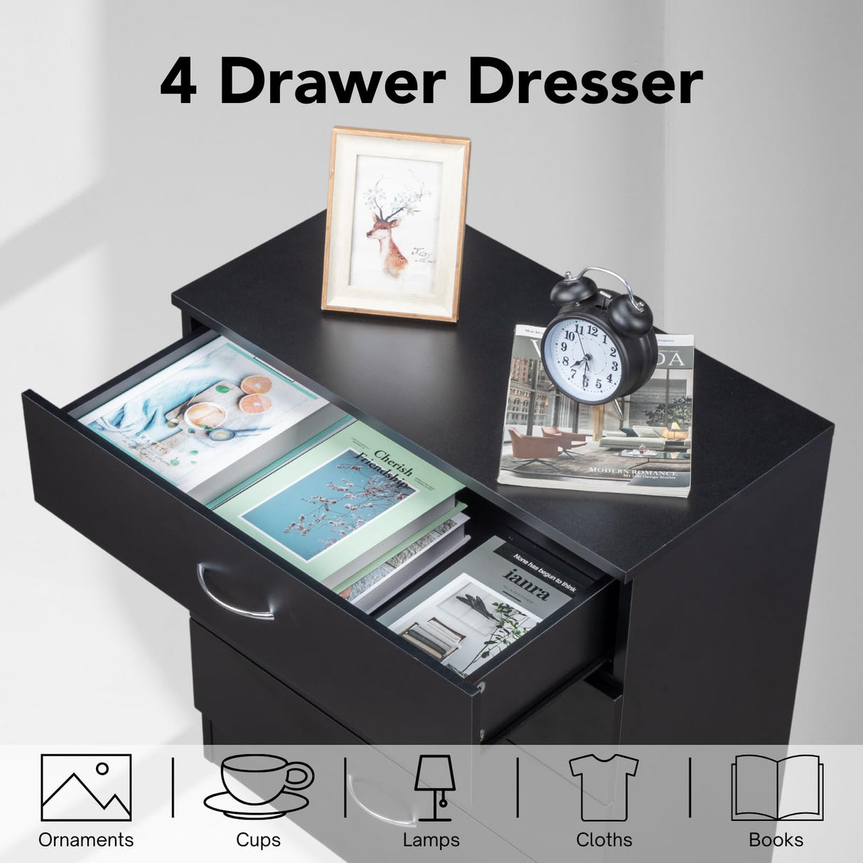 Karl home Black 4 Drawer Dresser for Bedroom, Modern Nightstand Storage Chest of Drawer, Wooden Side Table End Table, Living Room, Reception Room Karl home