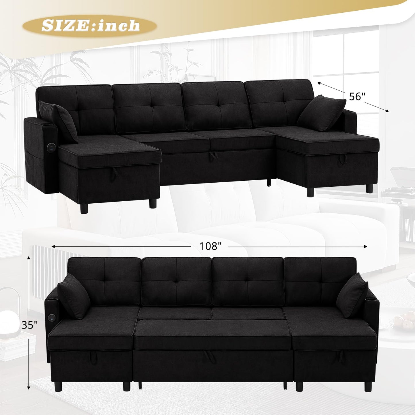 ACMEASE 108" U-Shaped Pull Out Sofa Bed w/Two Storage Chaises, Tufted Sectional Sofa w/USB Port, Fabric Sleeper Couch w/Cup Holders for Living Room, Black