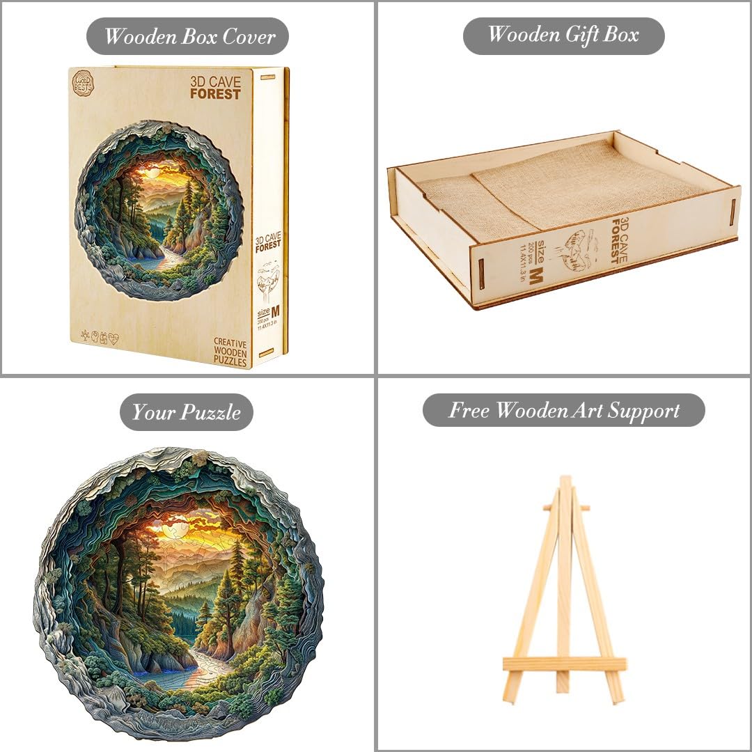 KAAYEE Wooden Puzzles for Adults, 3D Vision Effect Cave Forest Wooden Jigsaw Puzzle Unique Shape Wood Puzzle Adult, 3D Effect Flat Puzzle Birthday Family Game (L-13.4 * 13.3in-300pcs) KAAYEE