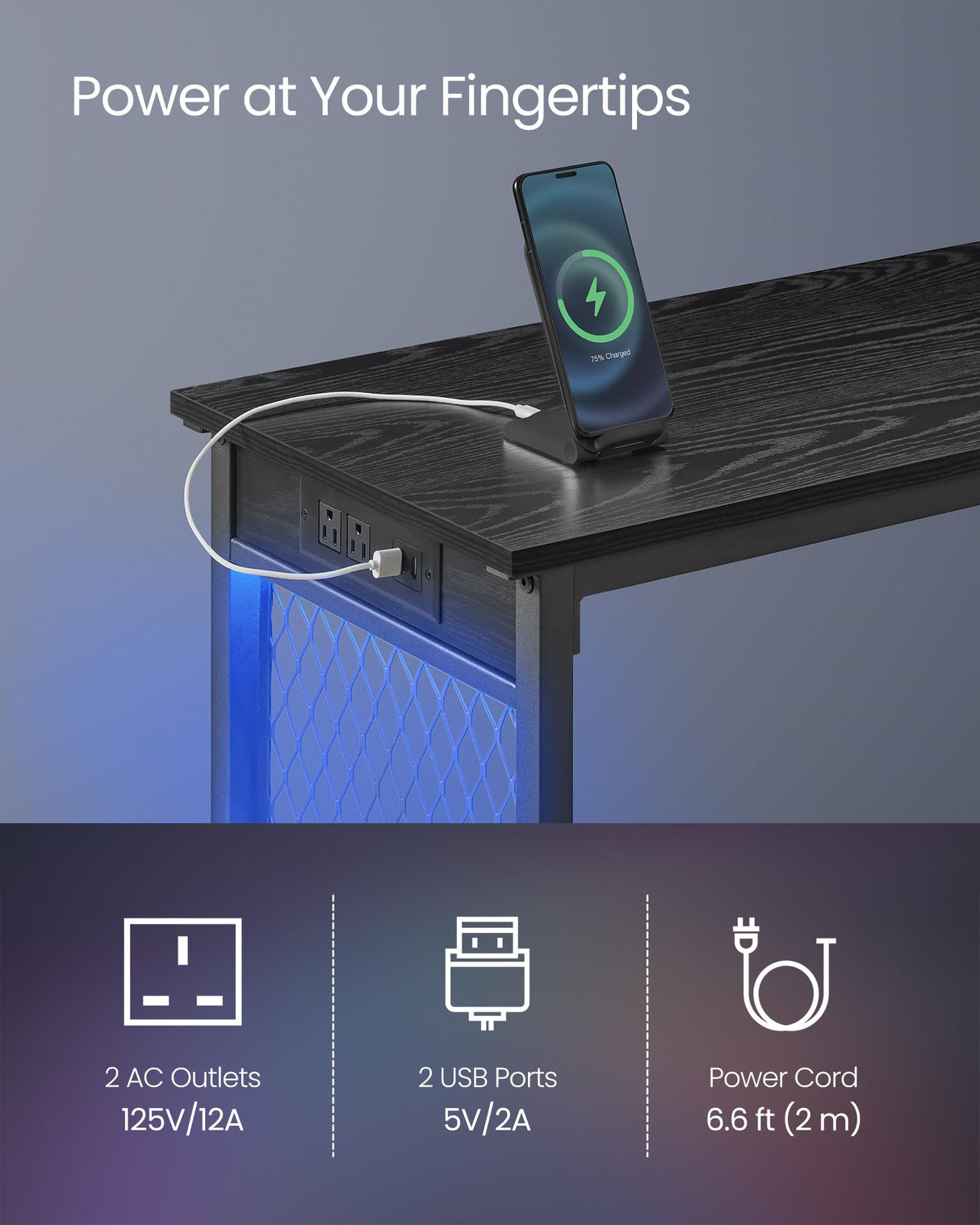 VASAGLE 47.2" Long Bar Table with Charging Station, LED Lights, Narrow Counter Tables Rectangular Couch Sofa Table, Metal Mesh Panels Frame, High Top Pub Table for Kitchen Living Room Party, Black VASAGLE