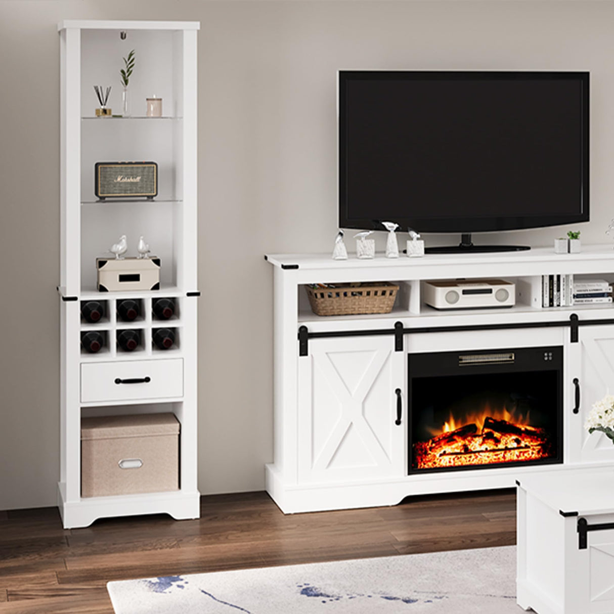 RoyalCraft 75'' Tall Storage Cabinet with LED Light, Farmhouse Pantry Cabinet with Tempered Glass Adjustable Shelves & Wine Storage Rack, Freestanding Linen Tower, White RoyalCraft