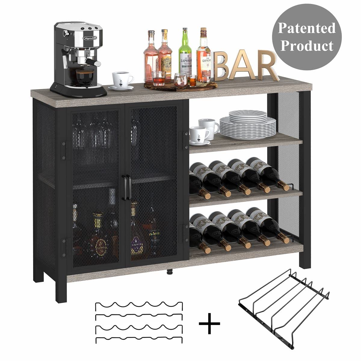 BON AUGURE Industrial Home Bar Cabinet with Wine Rack, Rustic Liquor Cabinet Bar for Home, Coffee Bar Cabinet with Storage (47 Inch, Grey Oak)