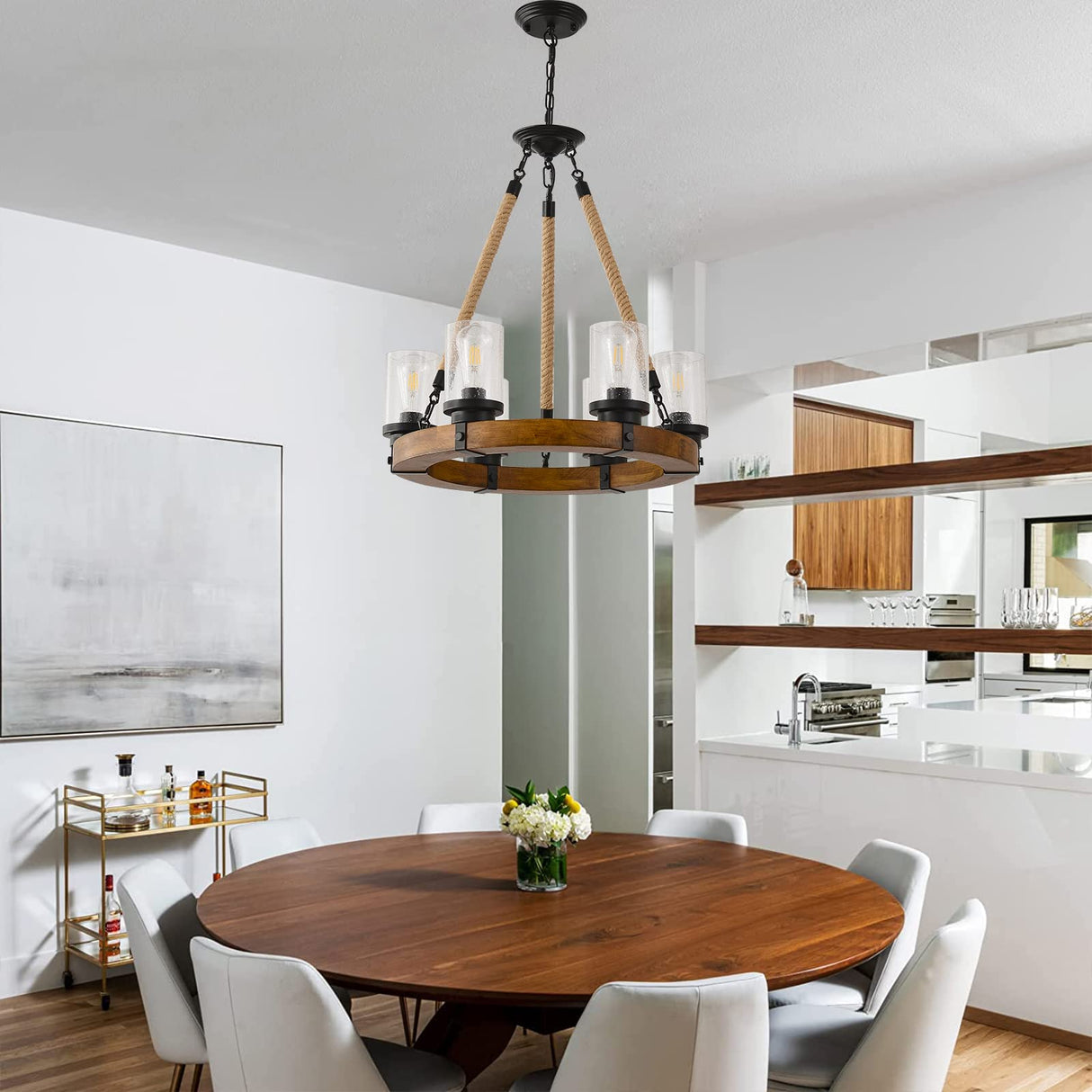 Rustic Wagon Wheel Chandelier with Seeded Glass Shades, 6 Lights Farmhouse Wood Retro Round Wagon Wheel Pendant Light for Living Room Kitchen Island Foyer Entryway BAOURE