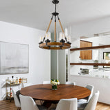 Rustic Wagon Wheel Chandelier with Seeded Glass Shades, 6 Lights Farmhouse Wood Retro Round Wagon Wheel Pendant Light for Living Room Kitchen Island Foyer Entryway BAOURE