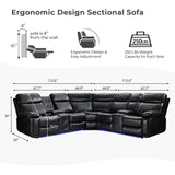 Power Recliner Sectional Sofa Wall Hugger with Bass Speakers,LED Strip,USB Ports,Storage Console,Cup Holders,Faux Leather Reclining Sectional Couch with 2 Recliners for Living Room,5 Seats,Black Comfort Stretch