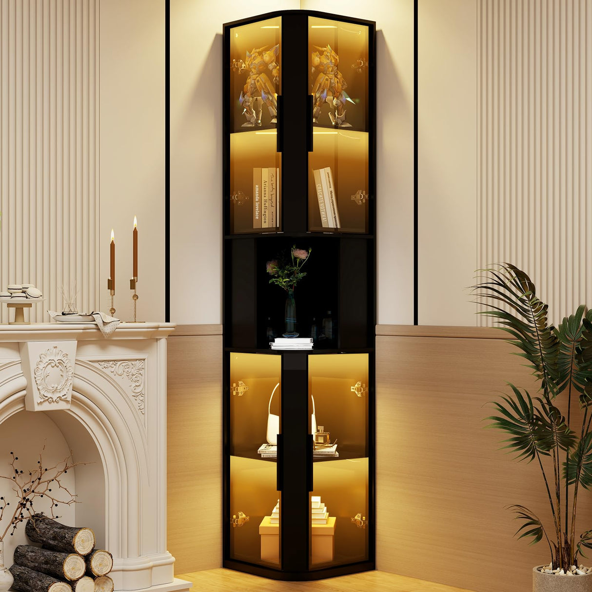 ARTETHYS Glass Display Cabinet Doors 78‘’ Tall Corner Display Case with Lights for Collectibles 5-Tier Curio Storage Shelf for Toys, Books, Black ARTETHYS