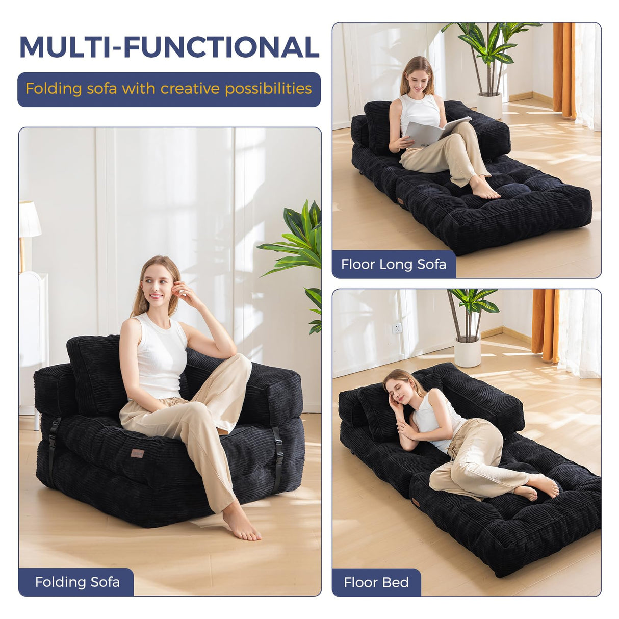 MAXYOYO Folding Sofa Bed, L-Shaped Convertible Sofa with Armrest Foldable Sleeper Bed with Pillow, Comfy Floor Lounge for Living Room Bedroom, Black MAXYOYO