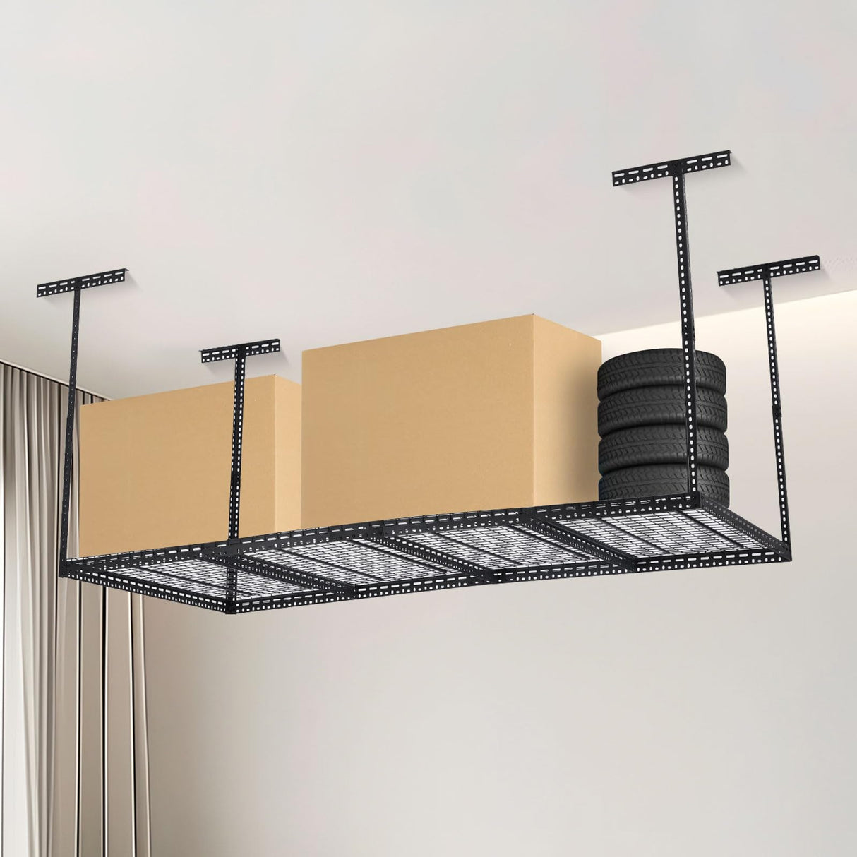 GarveeTech 4x8 FT Overhead Garage Storage Rack, 22"-40" Height Adjustable Ceiling Storage Rack 330lbs Weight Capacity, Heavy Duty Metal Hanging Storage Shelves for Garage (Black, Vertical Post x 4) GarveeTech