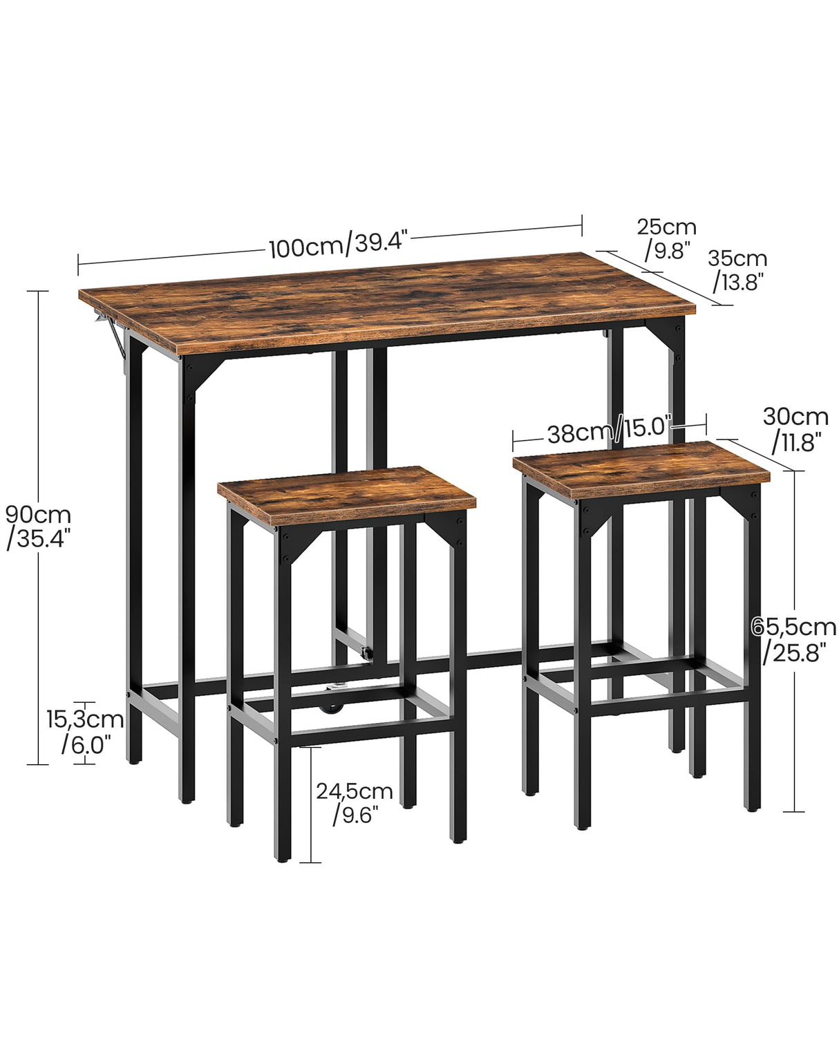 CHOEZON Bar Table and Stool Set, 39.4'' Folding Dining Table with 2 Stools, Industrial Style, for Restaurant, Living Room, Pub, Rustic Brown and Black TBT02BF CHOEZON