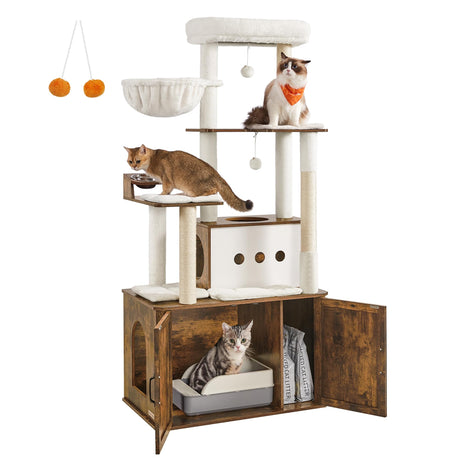 Feandrea Cat Tree, 66.9-Inch Cat Tower with Litter Box Enclosure, Large Cat Condo with Food Station, Storage, Scratching Posts, Cat Cave, Hammock, Washable Cushions, Rustic Brown UPCT169K01 Feandrea