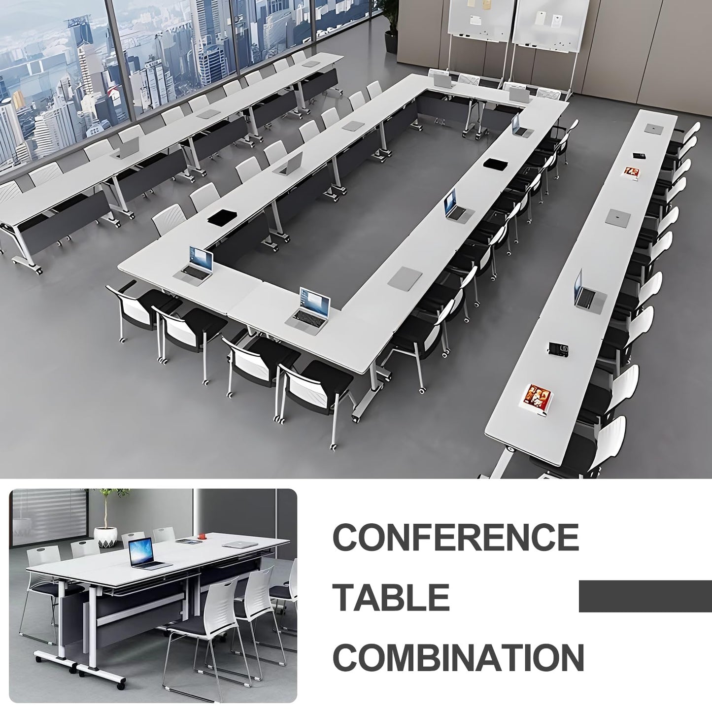 Jklmzpf Conference Table, Folding Office Conference Room Tables on Wheels, Flip Top Mobile Meeting Training Table with White Tabletop, Rectangular Classroom Seminar Tables Multifunctiona Modu - WoodArtSupply