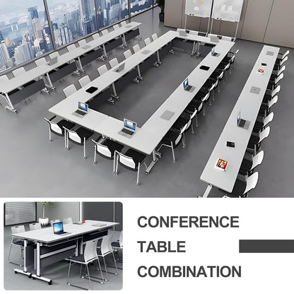 Jklmzpf Conference Table, Folding Office Conference Room Tables on Wheels, Flip Top Mobile Meeting Training Table with White Tabletop, Rectangular Classroom Seminar Tables Multifunctiona Modu - WoodArtSupply