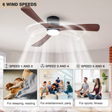 HUMHOLD 52" Wood Ceiling Fan with Lights Remote, Reversible DC Motor 6-Speed Ceiling Fan, 3 Blades Low Profile Flush Mount Ceiling Fans, Modern Ceilingfans for Low Profile, Walnut and Matte Black HUMHOLD