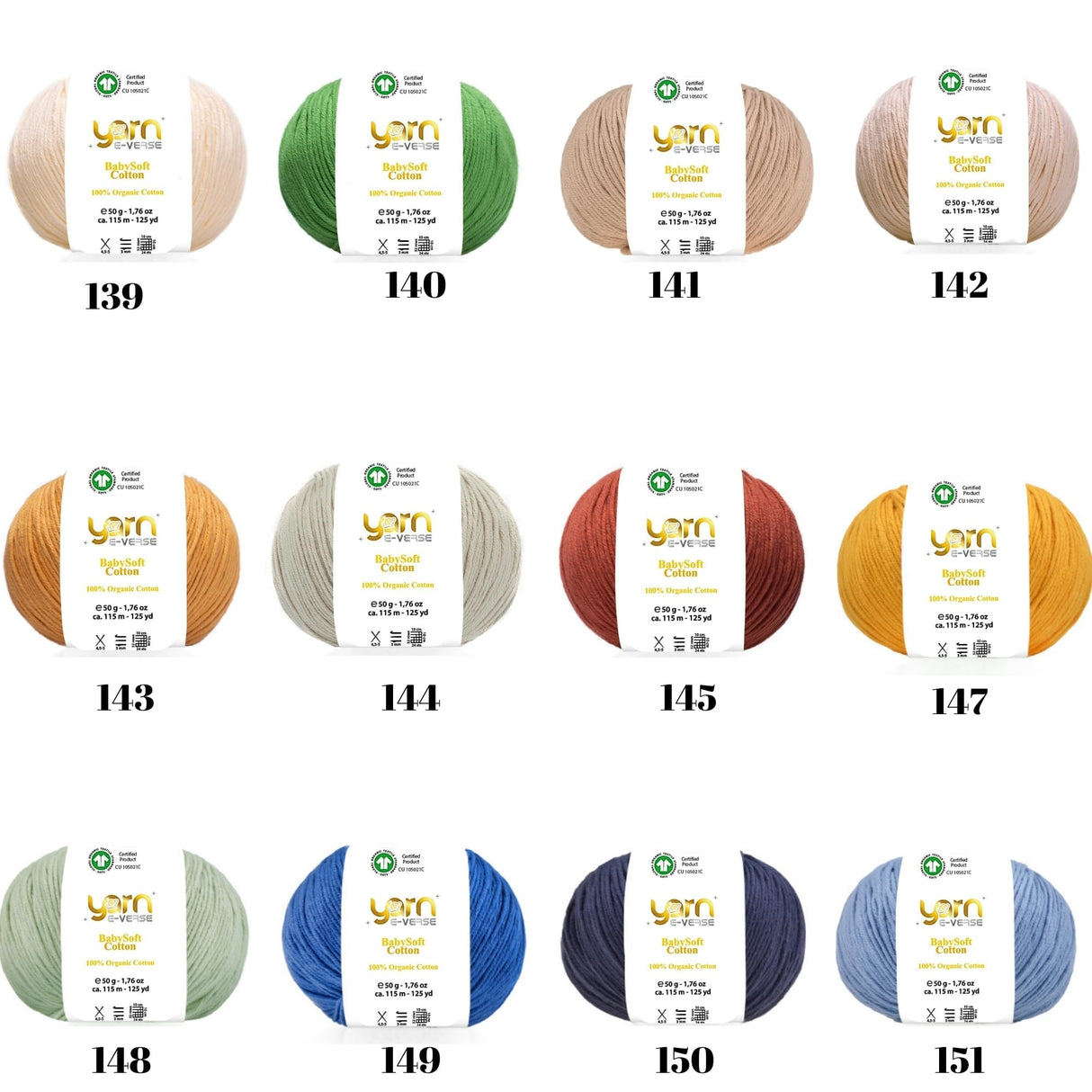 Babysoft Cotton Yarn, Yarn E-verse, 100% Organic Cotton, Soft & Hypoallergenic, Ideal for Baby Knitting, Crocheting, Amigurumi & DIY Projects, Organic Textile Certified, 50g (1, 115 White) yarn e-verse